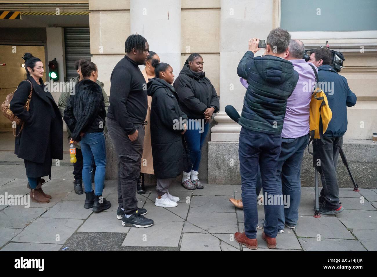 People involved with the Black Lives Matter (BLM) charity speak to the media outside Bristol Crown Court after Xahra Saleem was jailed for two-and-a-half years for fraud. Ms Saleem admitted a £30,000 fraud over an online fundraising page related to the Black Lives Matter demonstration that took place in Bristol in 2020 and ended with the toppling with the statue of Edward Colston into the city's harbour. Picture date: Tuesday October 31, 2023. Stock Photo