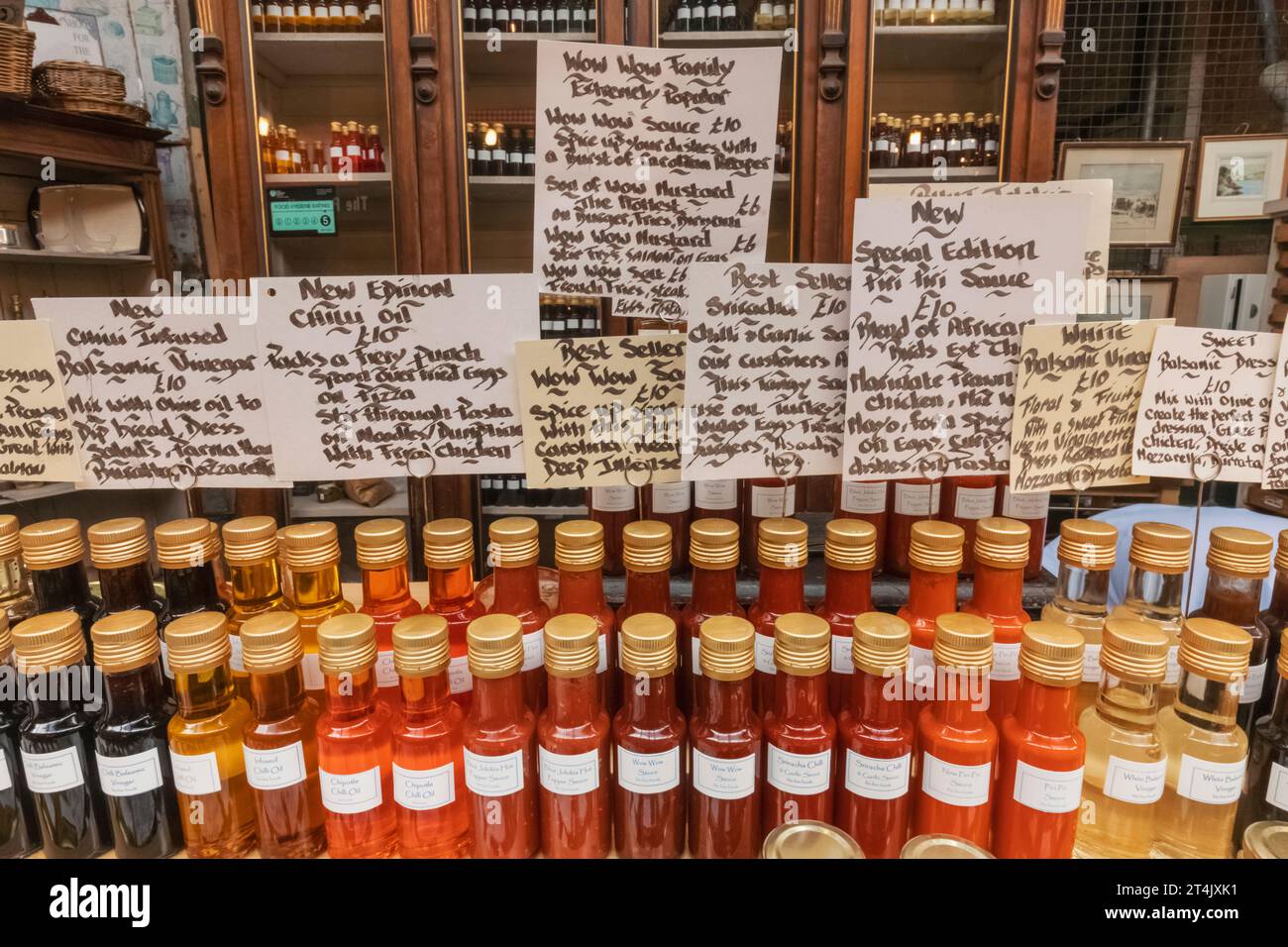England, London, Southwark, Borough Market, Display of Cooking Oil