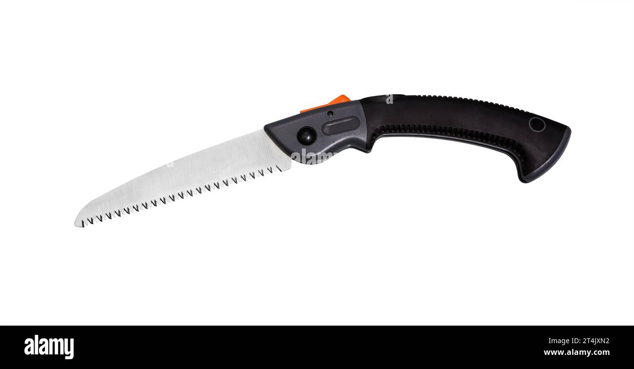 Folding  garden saw. Garden saw in the folded state isolated on a white background. Stock Photo