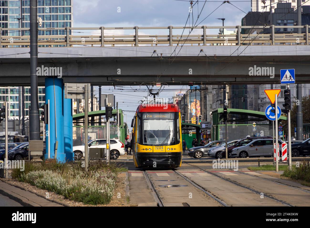 approaching tram, Warsaw city center, Poland Stock Photo