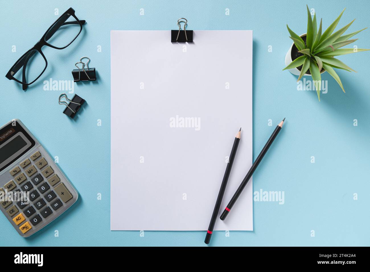 Top view of blank notebook, glasses, pen, calculator and green plant on blue office desk Stock Photo