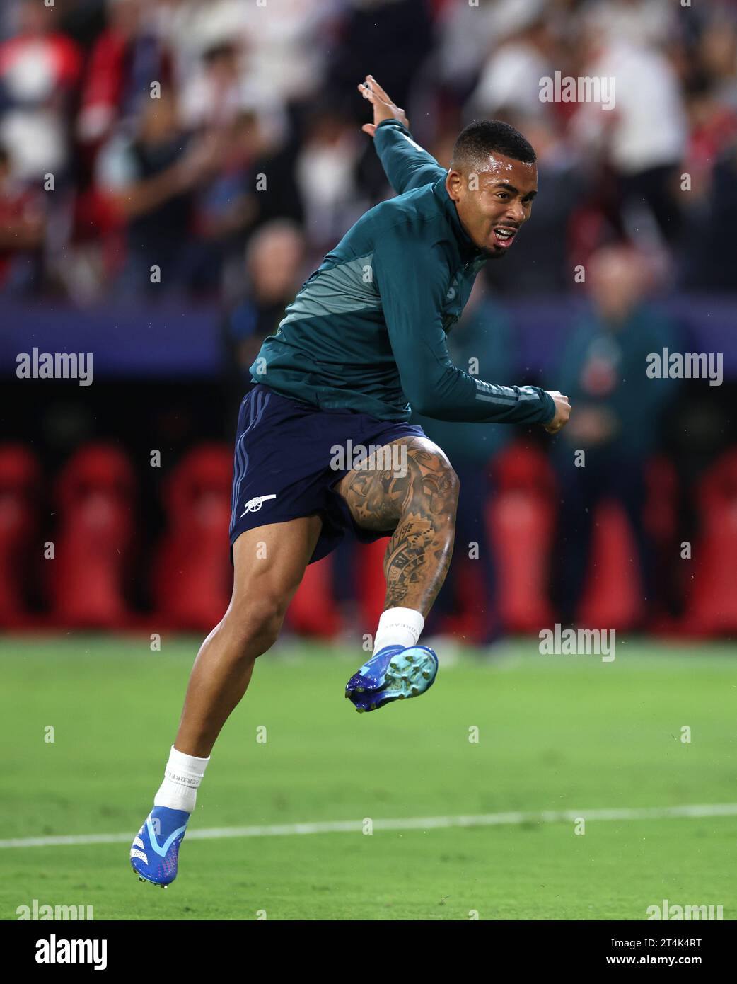 Arsenal's Gabriel Jesus warming up ahead of during the UEFA Champions League group B match at the Ramon Sanchez-Pizjuan Stadium, Seville, Spain. Picture date: Tuesday October 24, 2023.See PA story SOCCER Arsenal. Photo credit should read: Isabel Infantes/PA Wire RESTRICTIONS: Use subject to restrictions. Editorial use only, no commercial use without prior consent from rights holder. Stock Photo