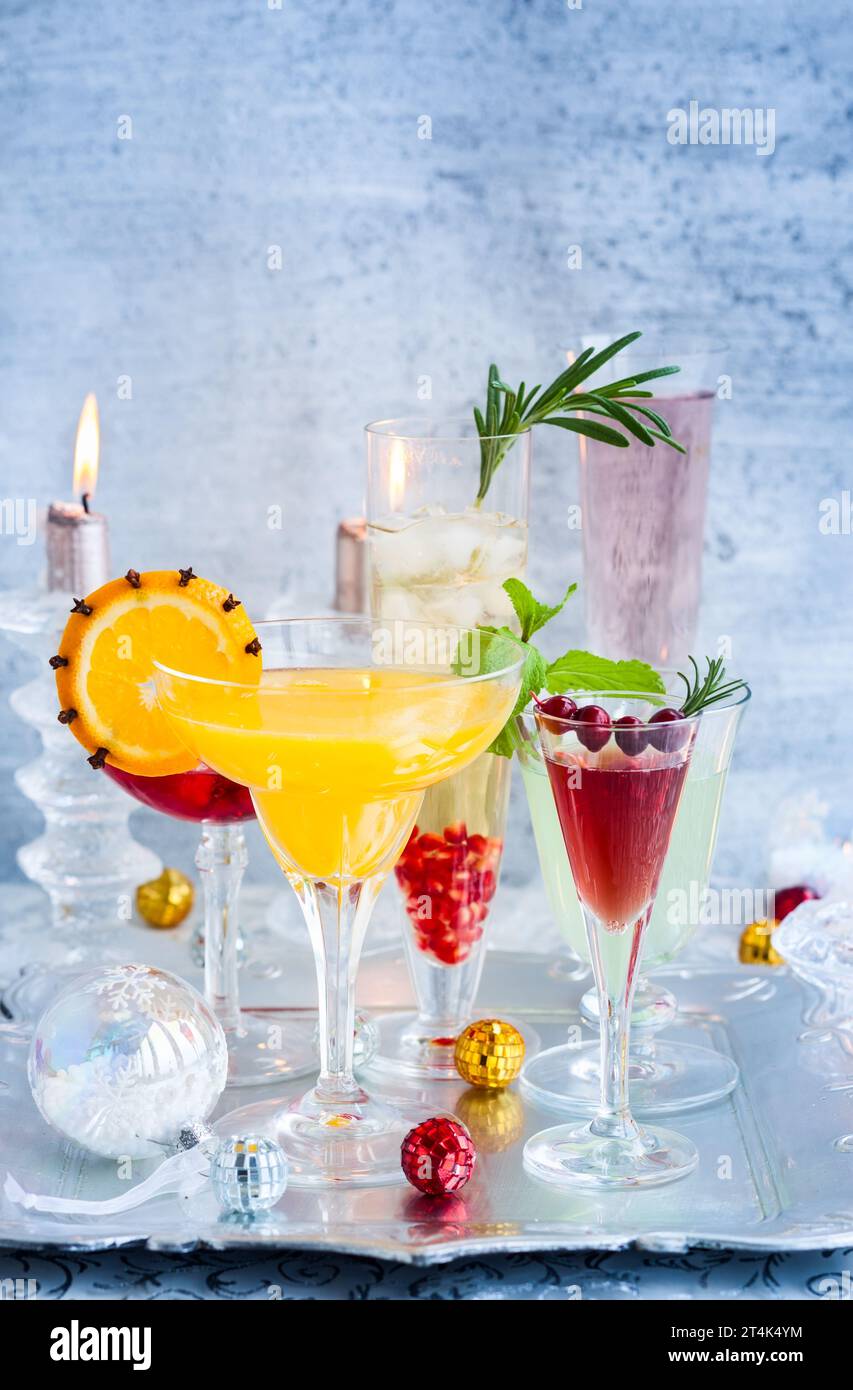 Festive cocktails for holiday on the silver tray Stock Photo