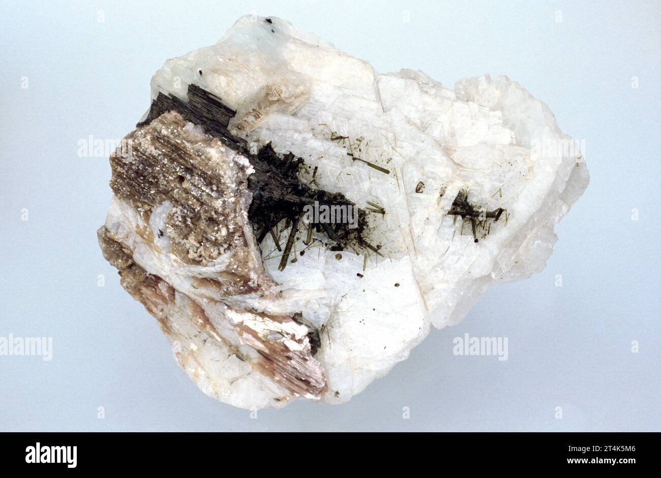 Albite is a silicate mineral (tectosilicate) from de plagioclase group. Sample with tourmaline crystals. Stock Photo