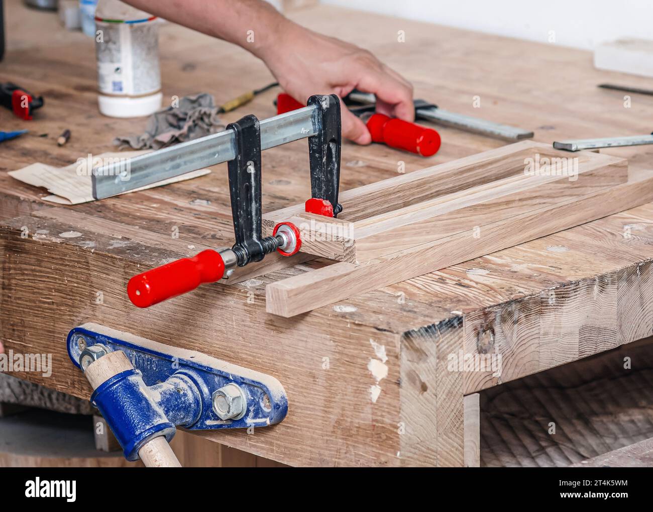 Carpenter clamps are fixed to boards. Gluing joinery in the workshop Stock Photo