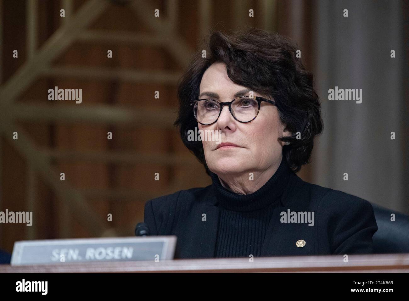 United States Senator Jacky Rosen (Democrat of Nevada) at a Senate Homeland Security and Governmental Affairs Hearing to âexamine threats to the homelandâ in the Dirksen Senate Office Building in Washington, DC on Tuesday, October 31, 2023. Recently, a Las Vegas man faces charges after threatening to kill Rosen, who is Jewish, in a series of messages to her office. Credit: Annabelle Gordon/CNP Stock Photo