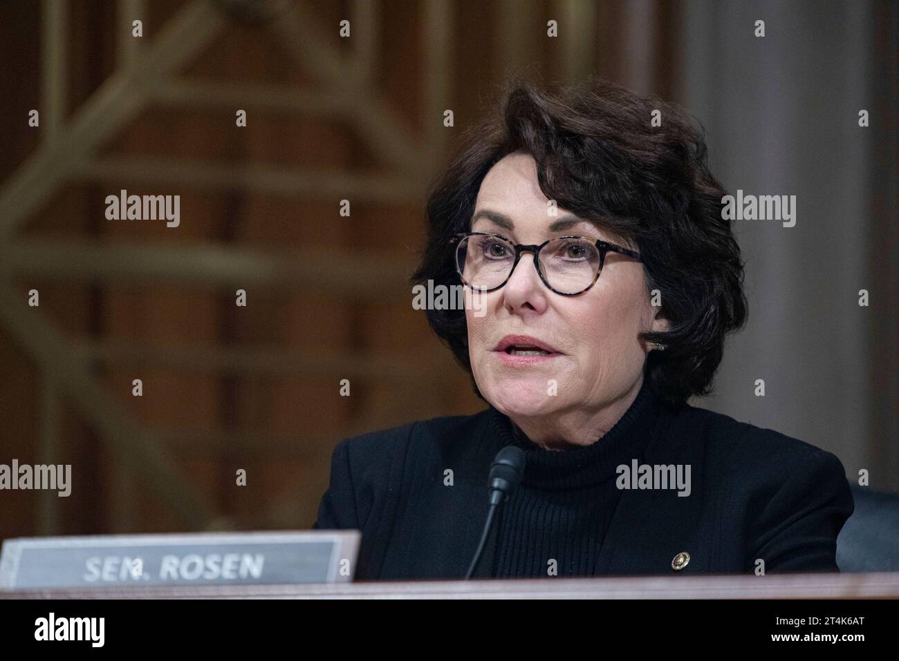 United States Senator Jacky Rosen (Democrat of Nevada) at a Senate Homeland Security and Governmental Affairs Hearing to âexamine threats to the homelandâ in the Dirksen Senate Office Building in Washington, DC on Tuesday, October 31, 2023. Recently, a Las Vegas man faces charges after threatening to kill Rosen, who is Jewish, in a series of messages to her office. Credit: Annabelle Gordon/CNP Stock Photo