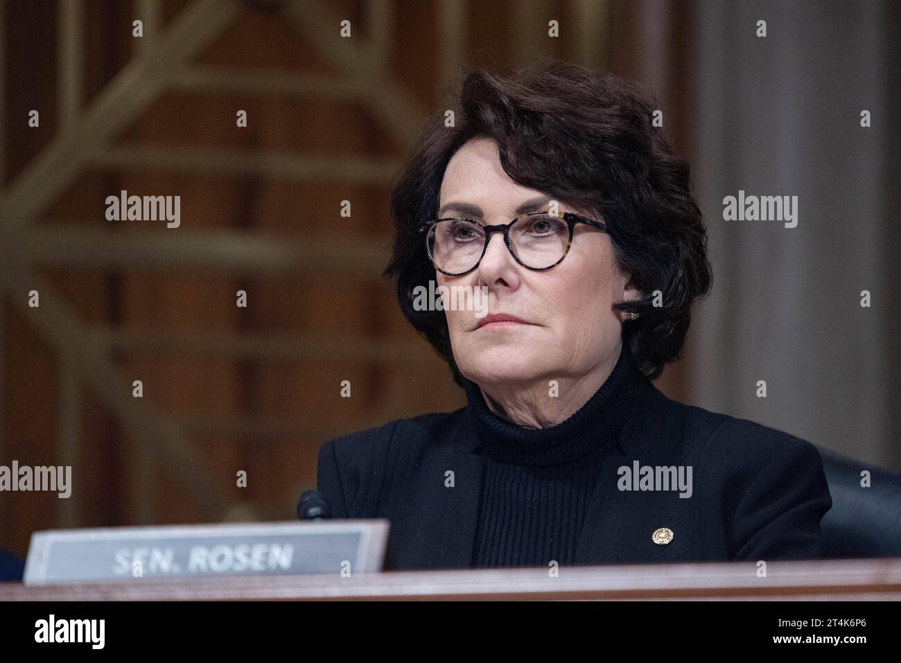 United States Senator Jacky Rosen Democrat of Nevada at a Senate Homeland Security and Governmental Affairs Hearing to examine threats to the homeland in the Dirksen Senate Office Building in Washington, DC on Tuesday, October 31, 2023. Recently, a Las Vegas man faces charges after threatening to kill Rosen, who is Jewish, in a series of messages to her office. Copyright: xAnnabellexGordonx/xCNPx/MediaPunchx Credit: Imago/Alamy Live News Stock Photo