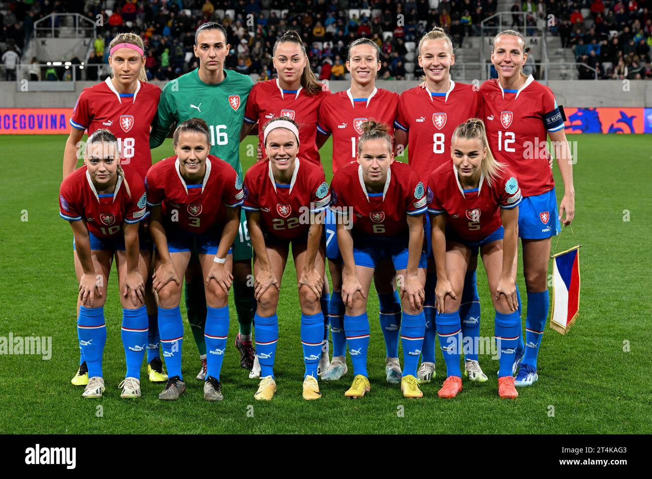 Czech team poses during the UEFA Women's Nations League, League B, Group B4, match Czech Republic vs Bosnia and Herzegovina, in Hradec Kralove, Czech Republic, October 31, 2023. Top row from left: Kamila Dubcova from the Czech Republic, goalkeeper Olivia Lukasova from the Czech Republic, Alena Peckova from the Czech Republic, Antonie Starova from the Czech Republic, Aneta Pochmanova from the Czech Republic, Klara Cahynova from the Czech Republic. Bottom row from left: Kristyna Ruzickova from the Czech Republic, Eliska Sonntagova from the Czech Republic, Franny Cerna from the Czech Republic, Mi Stock Photo