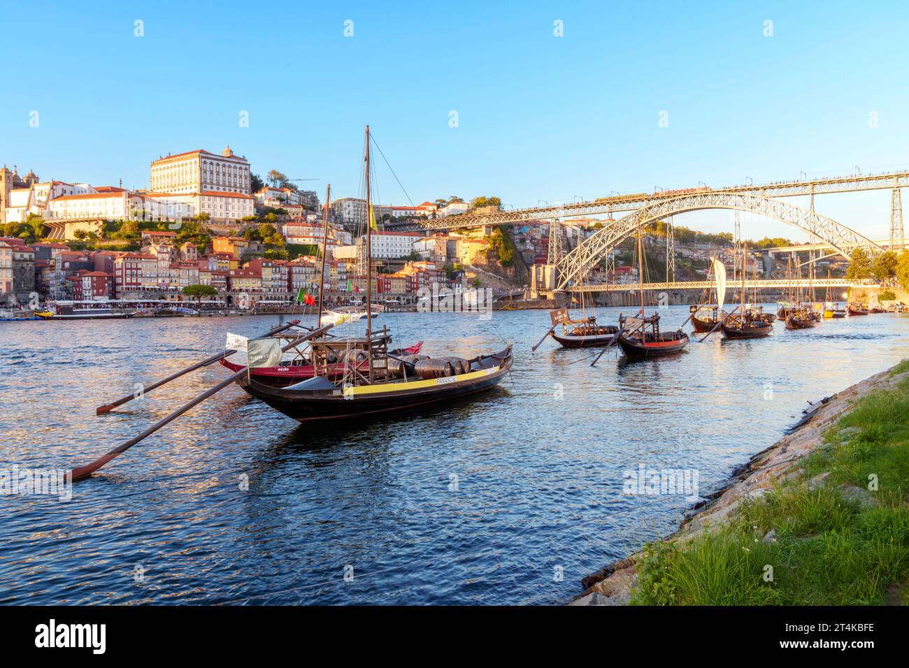 Rabelo Fishing Boats with Wine Barrels, Douro River, Ribeira, from Vila Nova de Gaia  Porto, Oporto, Portugal, Europe Stock Photo