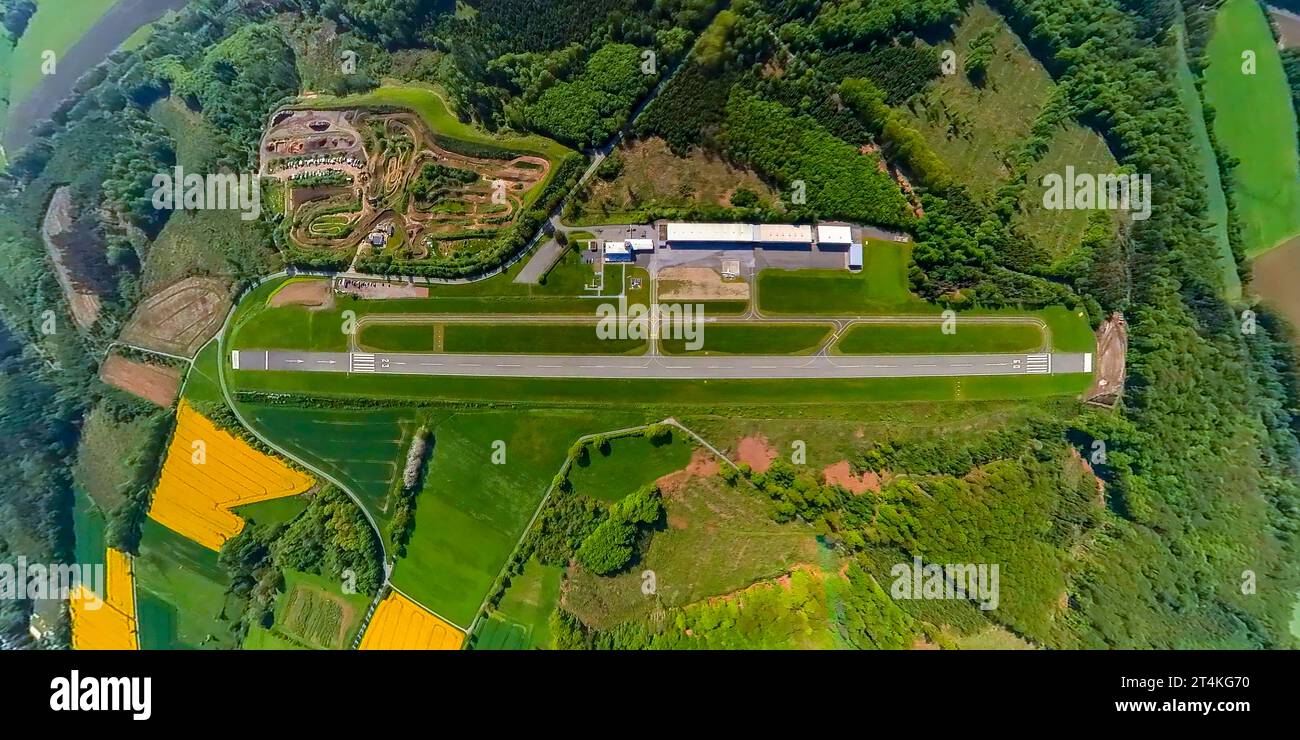 Aerial photograph, Arnsberg Menden airfield, EDLA is Arnsberg-Menden airfield (ICAO code), globe, fisheye photograph, fish-eye photograph, 360 degree Stock Photo
