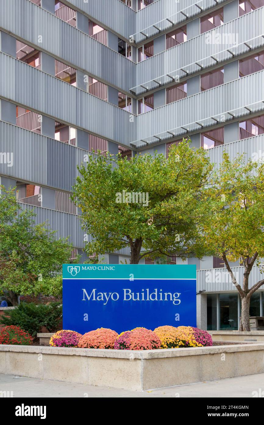 ROCHESTER, MN, USA - OCTOBER 21, 2023: Mayo Clinic building exterior and trademark logo. Stock Photo