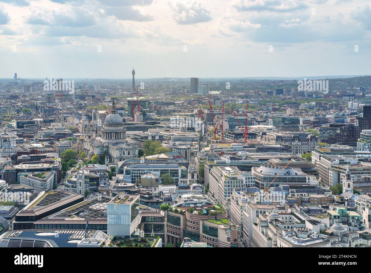 Aerial view of west London on a sunny day, classic St. Pauls cathedral amongst many modern buildings. Stock Photo