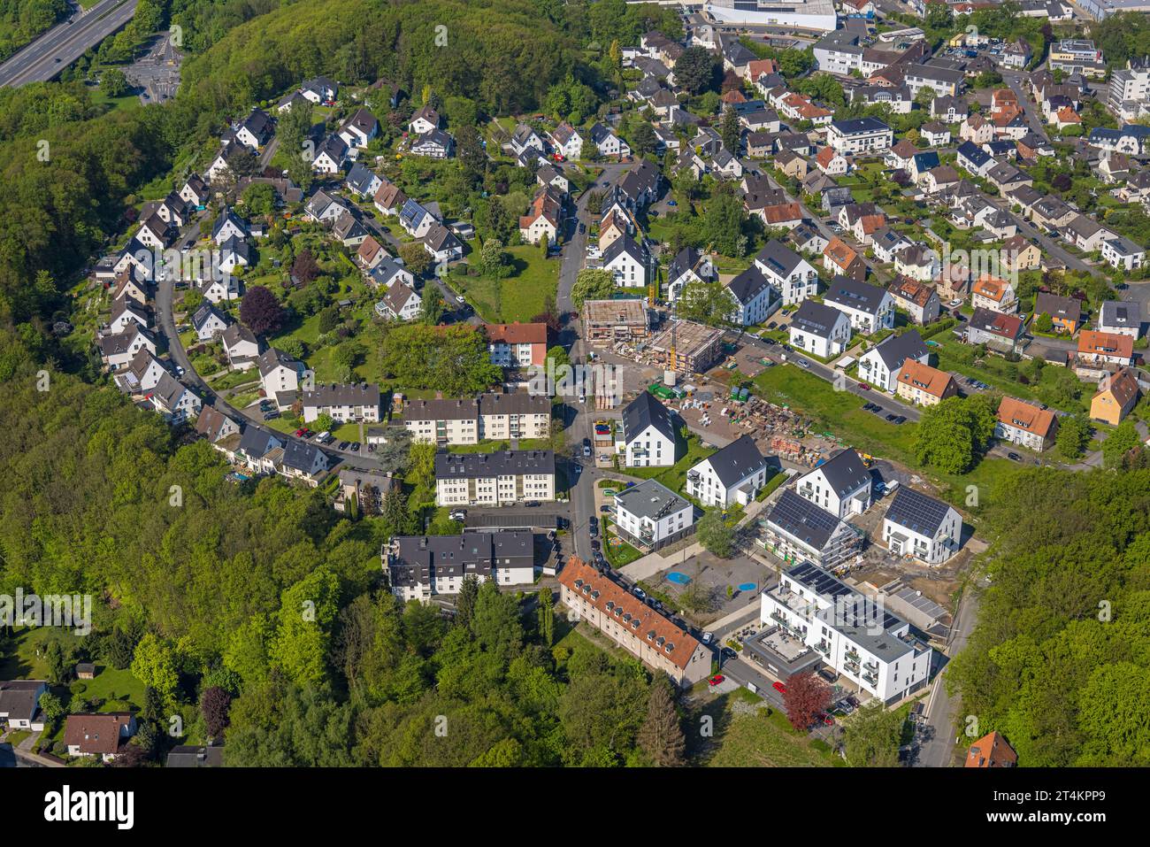 Aerial view, housing estate Müggenbergring and Zum Müggenberg, construction site with new building, Neheim, Arnsberg, Sauerland, North Rhine-Westphali Stock Photo