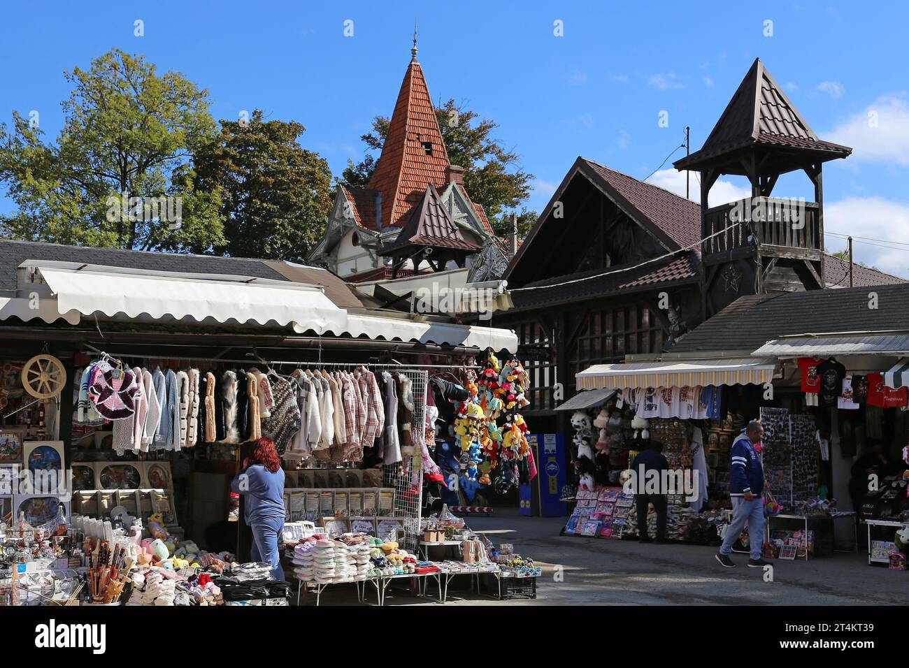 Souvenir shops, Bran, Braşov County, Transylvania, Romania, Europe Stock Photo