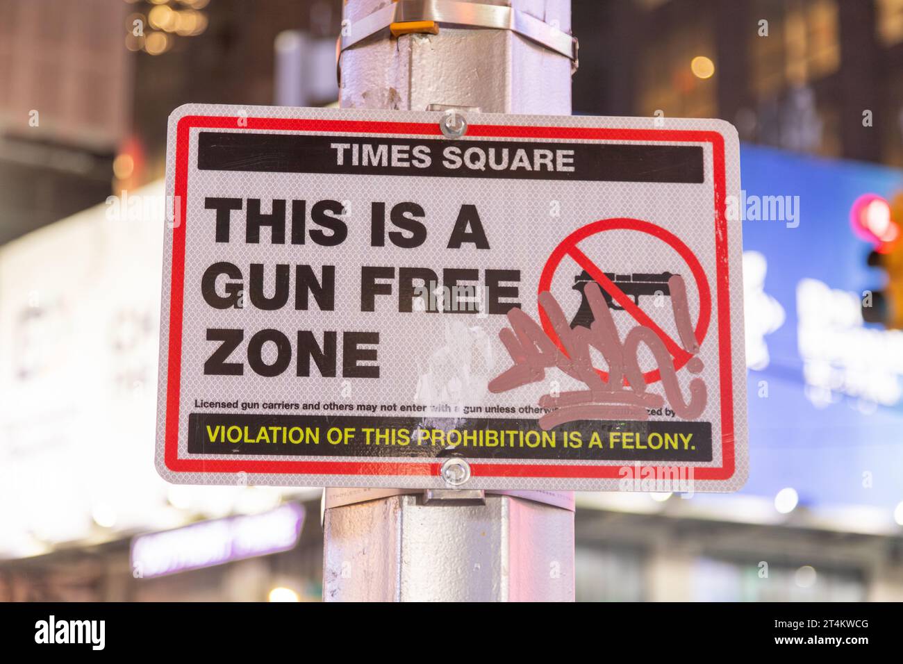Gun free zone sign, Times Square, New York, United States of America. Stock Photo