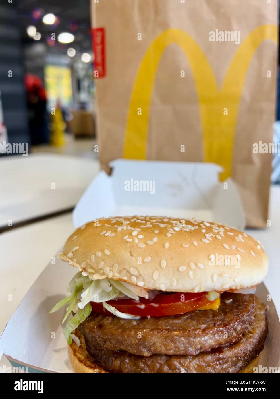 Double McPlant burger with two vegetarian burger patties at McDonalds, Leeds, UK Stock Photo