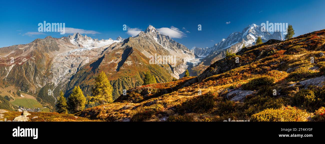 view of Grand Balcon Sud in Chamonix with mountain range and glaciers Stock Photo