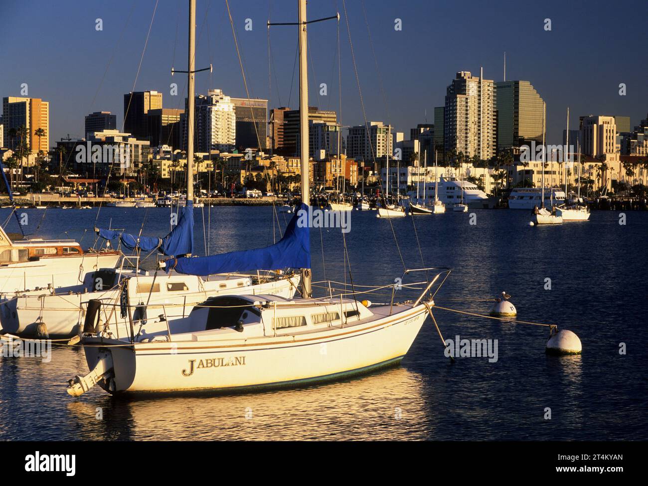 Boats in San Diego Bay with downtown, Embarcadero Walk, San Diego, California Stock Photo