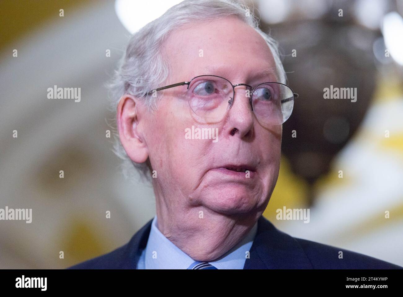 United States Senate Minority Leader Mitch McConnell (Republican of Kentucky) speaks to the media following the weekly Senate policy luncheon in the US Capitol in Washington, DC on Tuesday, October 31, 2023.Credit: Annabelle Gordon/CNP /MediaPunch Stock Photo