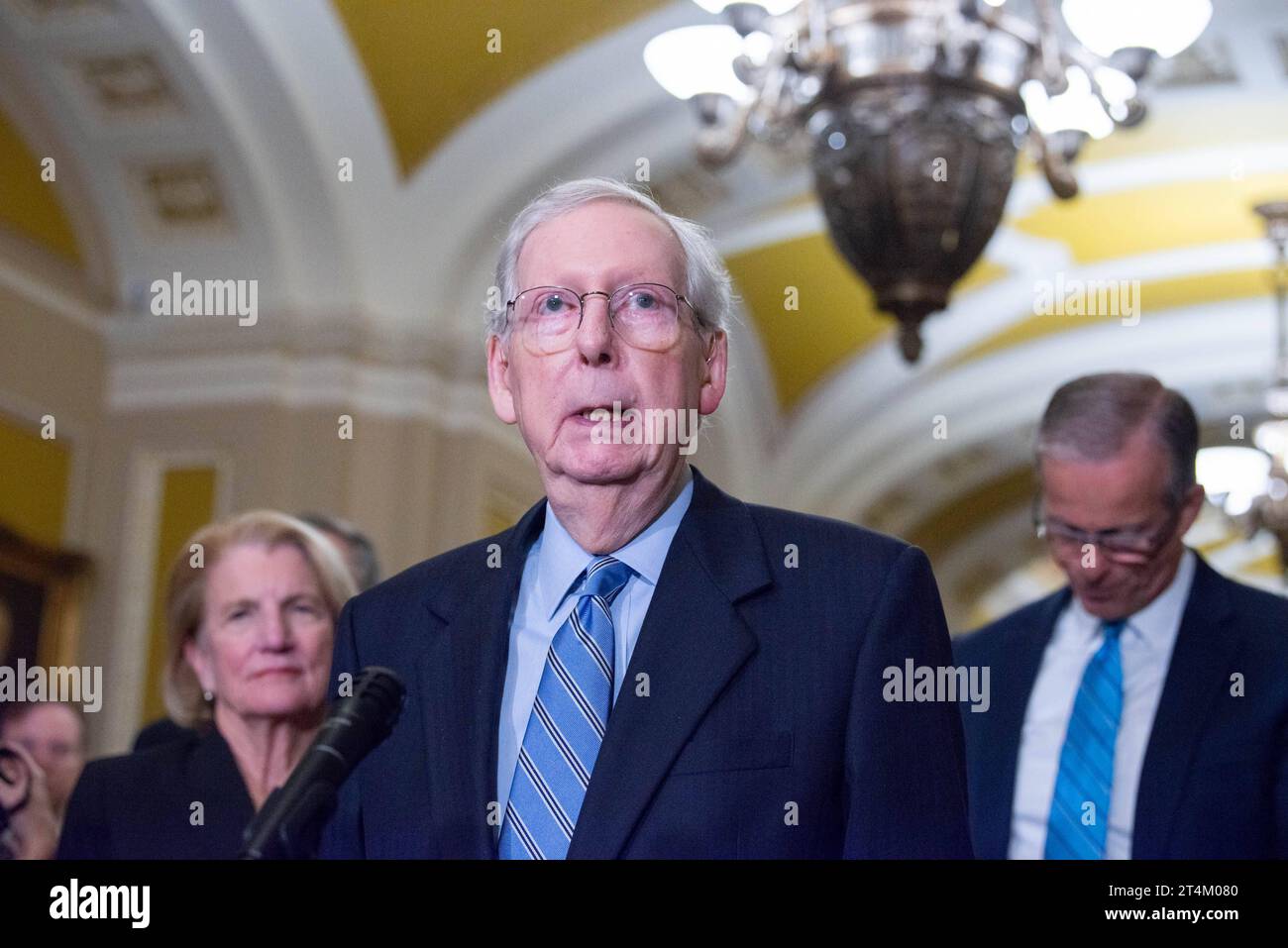 United States Senate Minority Leader Mitch McConnell Republican of Kentucky speaks to the media following the weekly Senate policy luncheon in the US Capitol in Washington, DC on Tuesday, October 31, 2023. Copyright: xAnnabellexGordonx/xCNPx/MediaPunchx Credit: Imago/Alamy Live News Stock Photo