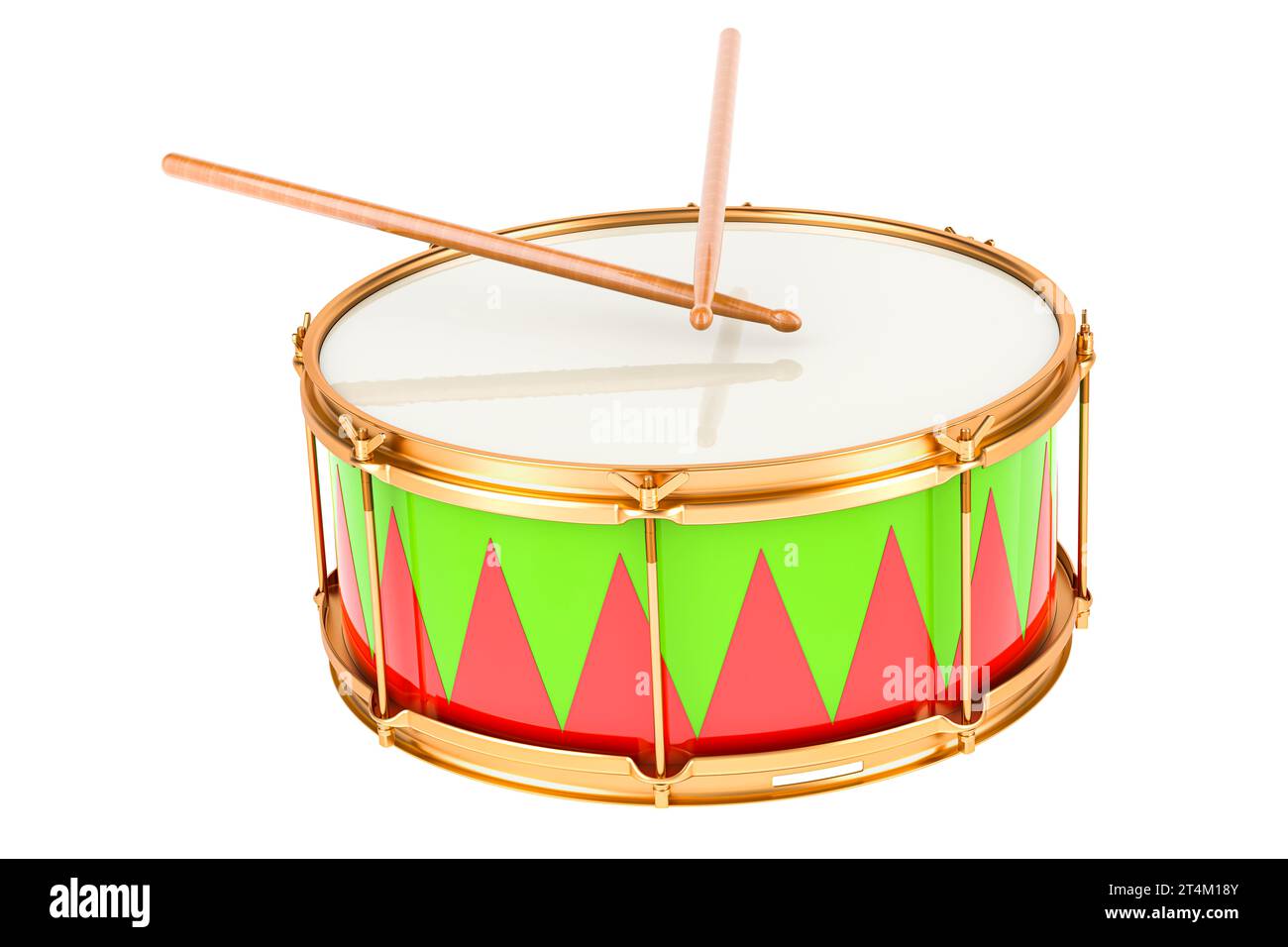 Drum with drumsticks, marching drum. 3D rendering isolated on white