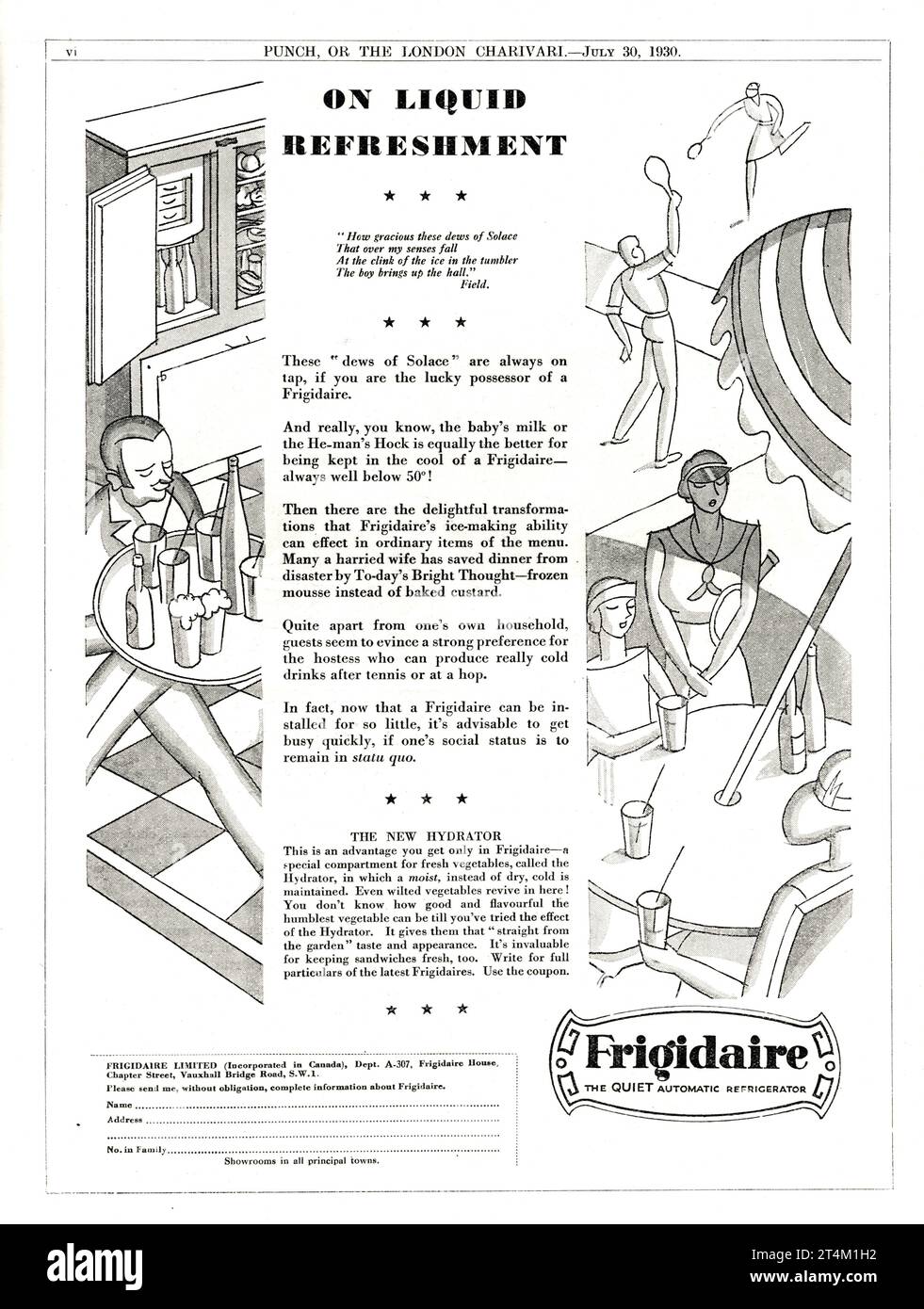 FRIGIDAIRE The QUIET Automatic Refrigerator 1930 British Magazine Advertisement Stock Photo