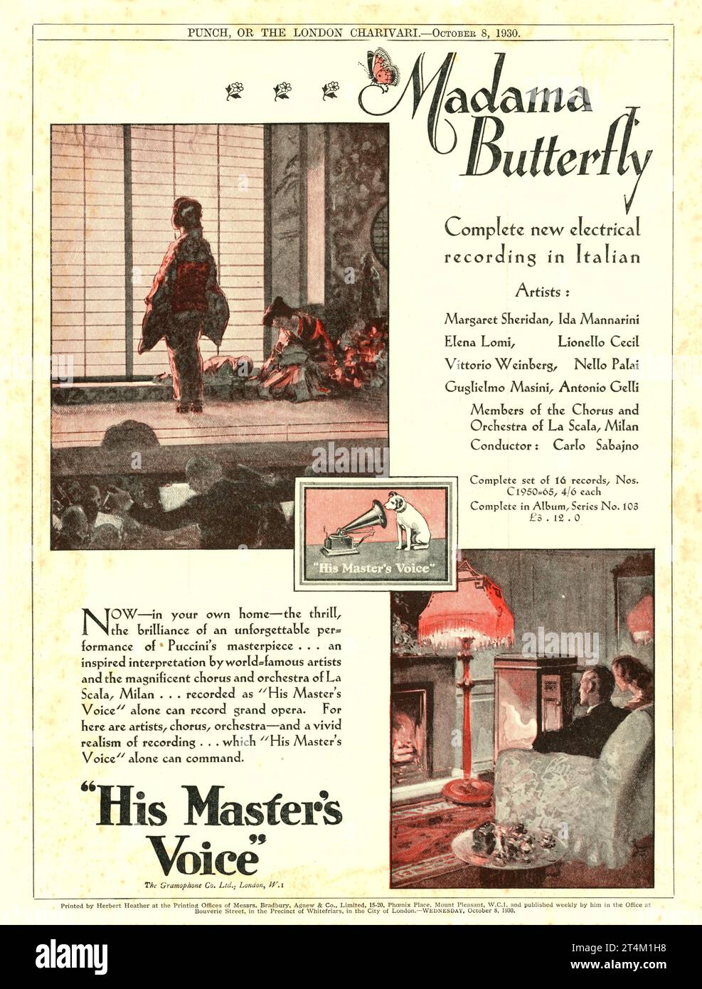 MADAME / MADAMA BUTTERFLY Complete New 16 Record Set of Electrical Recording in Italian with singers chorus and orchestra of La Scala, Milan conductor Carlo Sabajno 1930 British Magazine Advertisement for HIS MASTER'S VOICE (HMV) Stock Photo