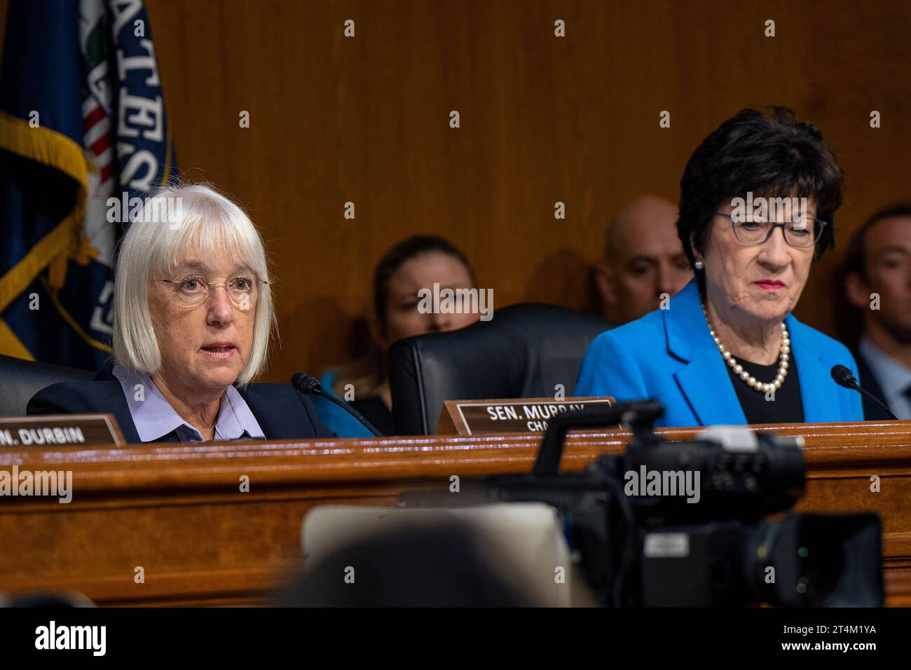 Washington, United States Of America. 31st Oct, 2023. Washington, United States of America. 31 October, 2023. U.S. Senator Patty Murray, left, asks a question of Secretary of Defense Lloyd Austin III, as Senator Susan Collins, right, look on during the Senate Appropriations Committee hearing on the National Security Supplemental Request at Capitol Hill, October 31, 2023 in Washington, DC Austin testified on the request for emergency funding for Israel and Ukraine. Credit: PO1 Alexander Kubitza/DOD/Alamy Live News Stock Photo