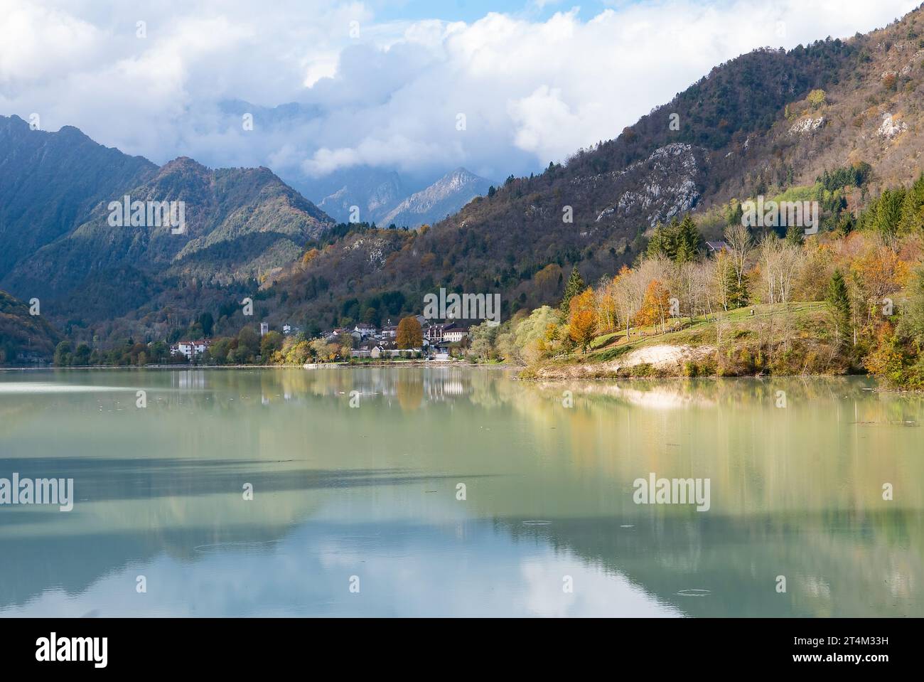 View of the artificial lake of Barcis in northern Italy in the autumn daylight Stock Photo