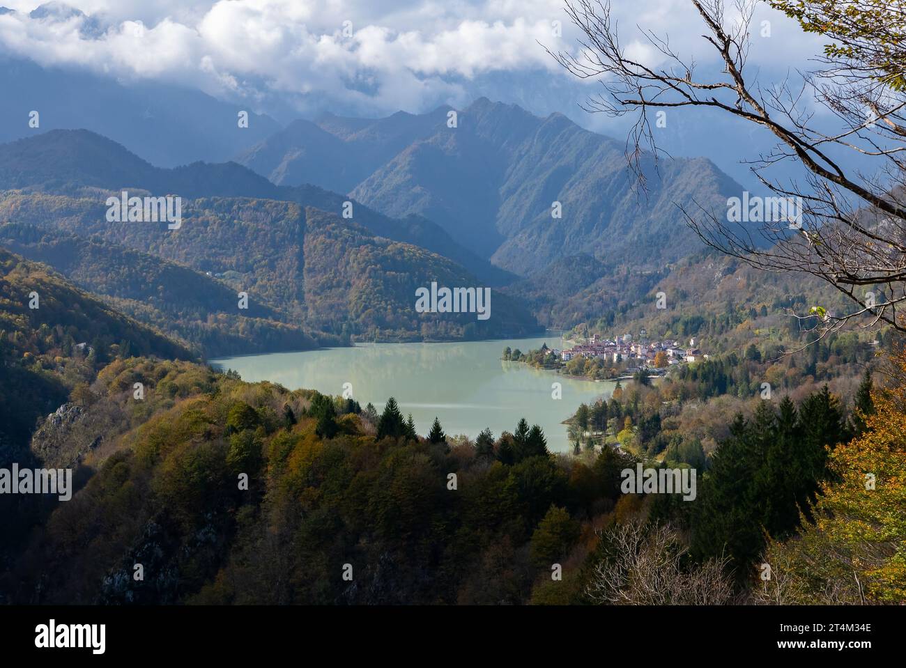 View of the artificial lake of Barcis in northern Italy in the autumn daylight Stock Photo