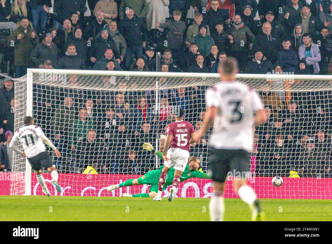 Derby, United Kingdom. 31 October, 2023.Derby County's Nathaniel Mendez-Laing scores Derby County's 4th goal in the 4-0 victory over Northampton Town Stock Photo
