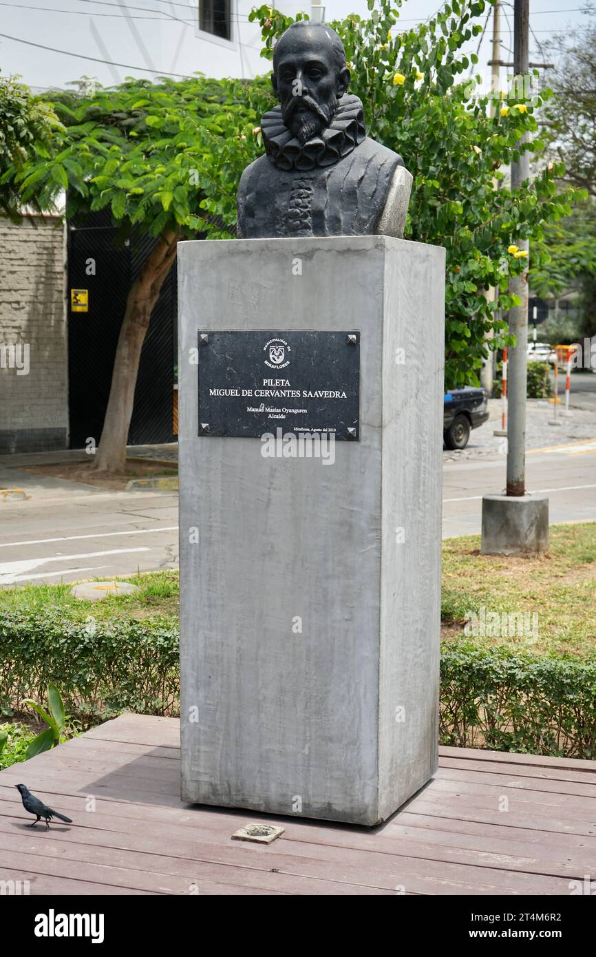 Statue of MIGUEL DE CERVANTES SAAVEDRA, author of Don Quixote, at Miraflores. Lima, Peru. Stock Photo
