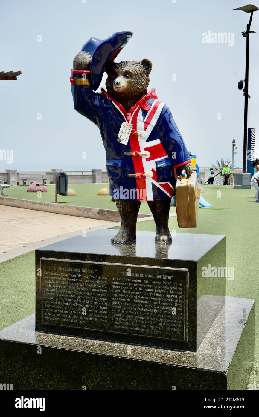Lima, Peru, October 2, 2023. Paddington Bear Statue, Originally in