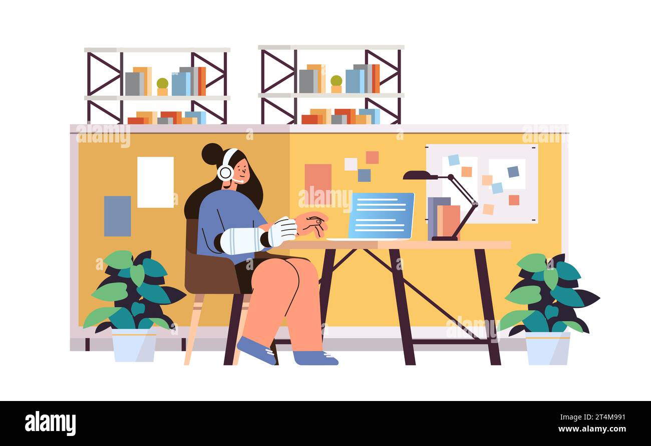 disabled woman call center agent with replaced robotic arm working on laptop chatting with clients customer service people with disabilities concept Stock Vector