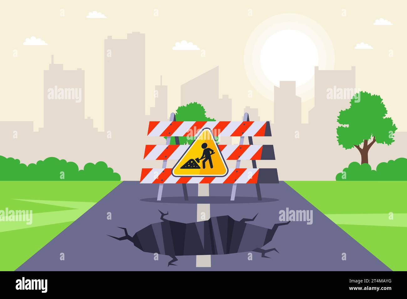 hole on the road. repair work on the highway. flat vector illustration. Stock Vector