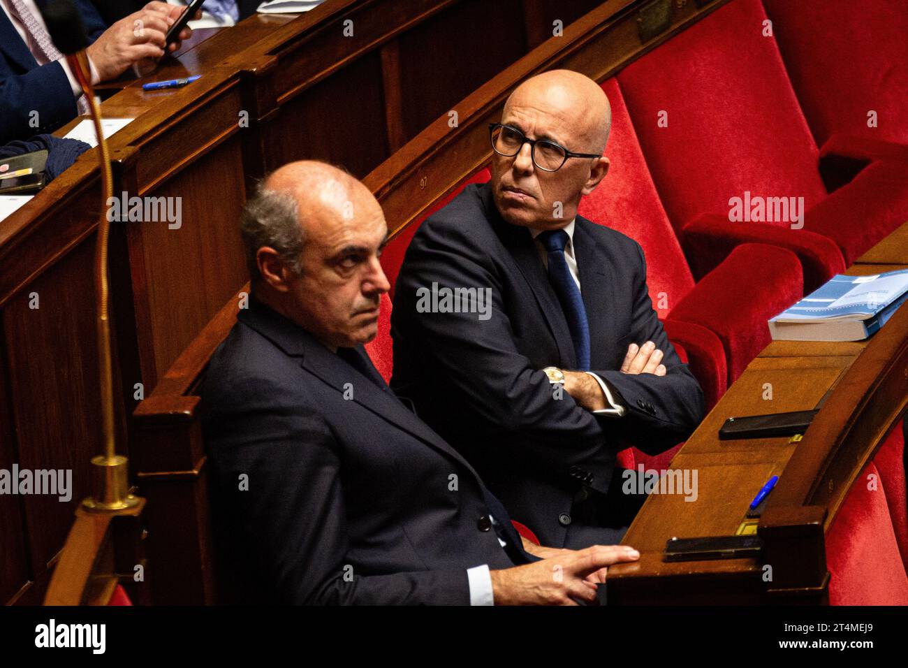 Paris, France. 31st Oct, 2023. Olivier Marleix and Éric Ciotti, deputies of Les Republican's, seen during the session of questions to the government at the National Assembly. A weekly session of questions to the French government in the National Assembly at Palais Bourbon, in Paris. Credit: SOPA Images Limited/Alamy Live News Stock Photo
