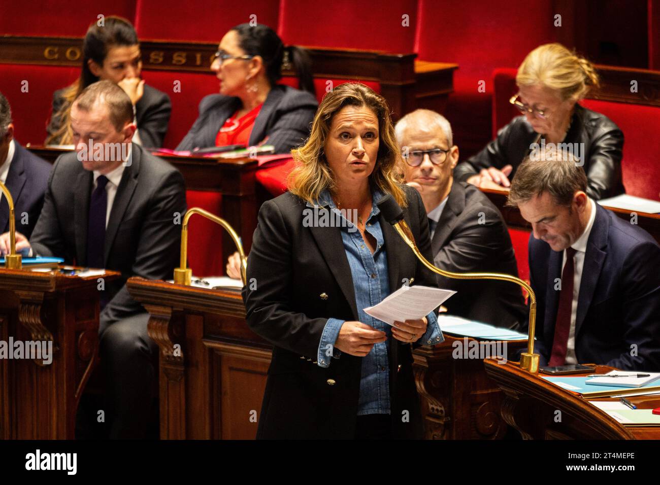 Paris, France. 31st Oct, 2023. Olivia Gregoire, Minister Delegate to the Minister of the Economy, Finance, and Industrial and Digital Sovereignty, responsible for Small and Medium Enterprises, Commerce, Crafts, and Tourism, speaks during the questions to the government session at the National Assembly. A weekly session of questions to the French government in the National Assembly at Palais Bourbon, in Paris. (Photo by Telmo Pinto/SOPA Images/Sipa USA) Credit: Sipa USA/Alamy Live News Stock Photo