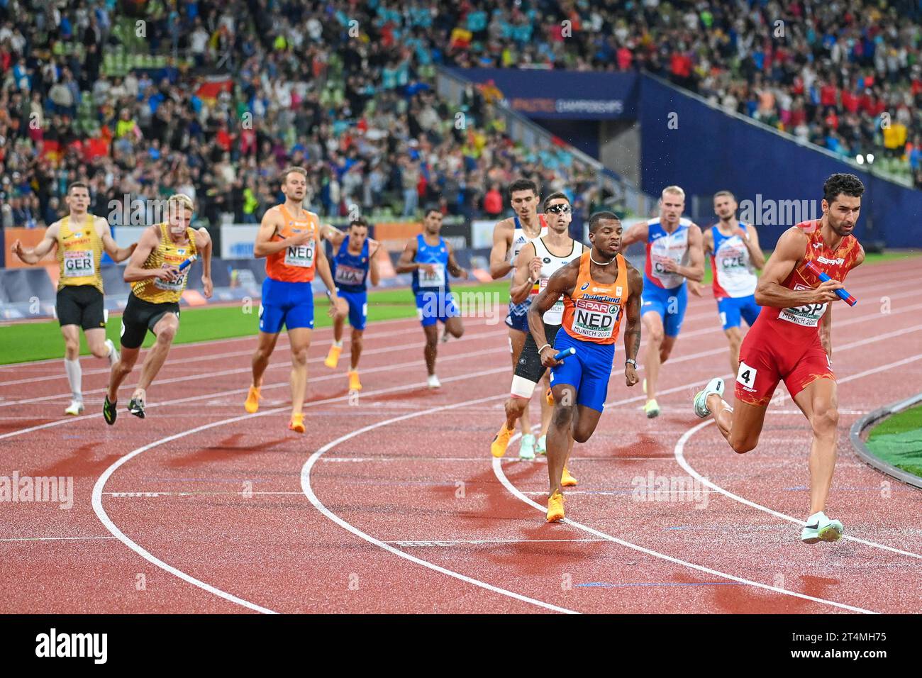 Samuel Garcia (Spain), Ramsey Angela (Netherlands). Men's 4x400 metres relay final. European Championships Munich 2022 Stock Photo