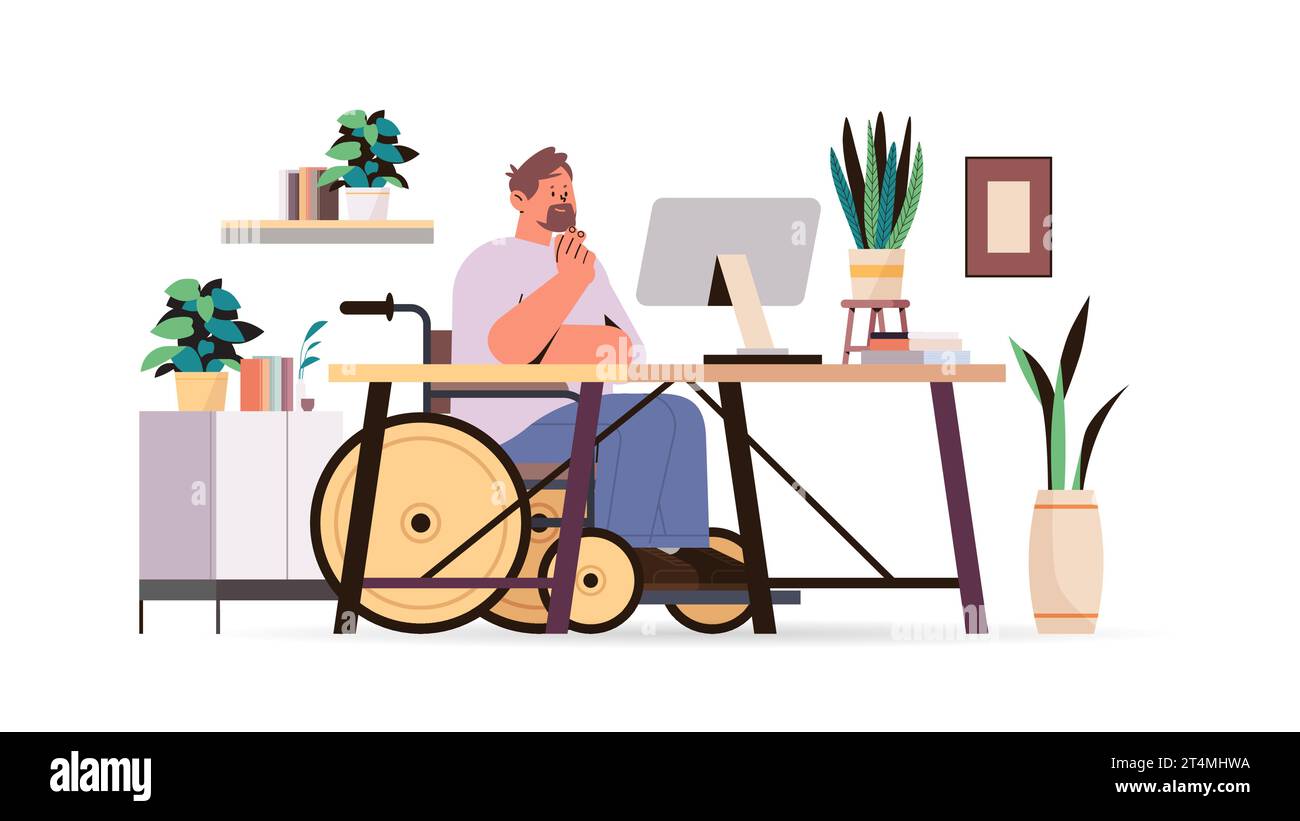 disabled man article editor in wheelchair guy working on computer