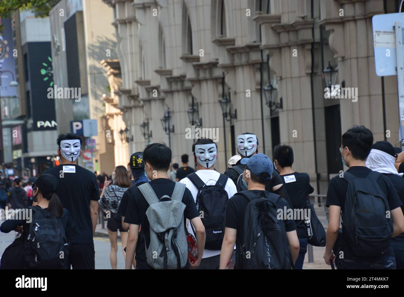 Students wearing Vendetta masks during 2019 Hong Kong Freedom from China protests. Stock Photo
