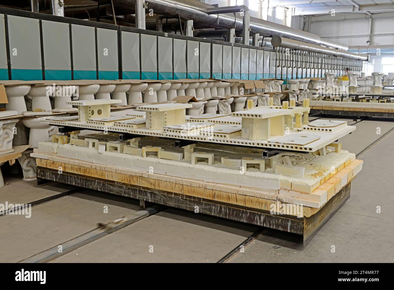ceramic sintering production line in a factory, closeup of