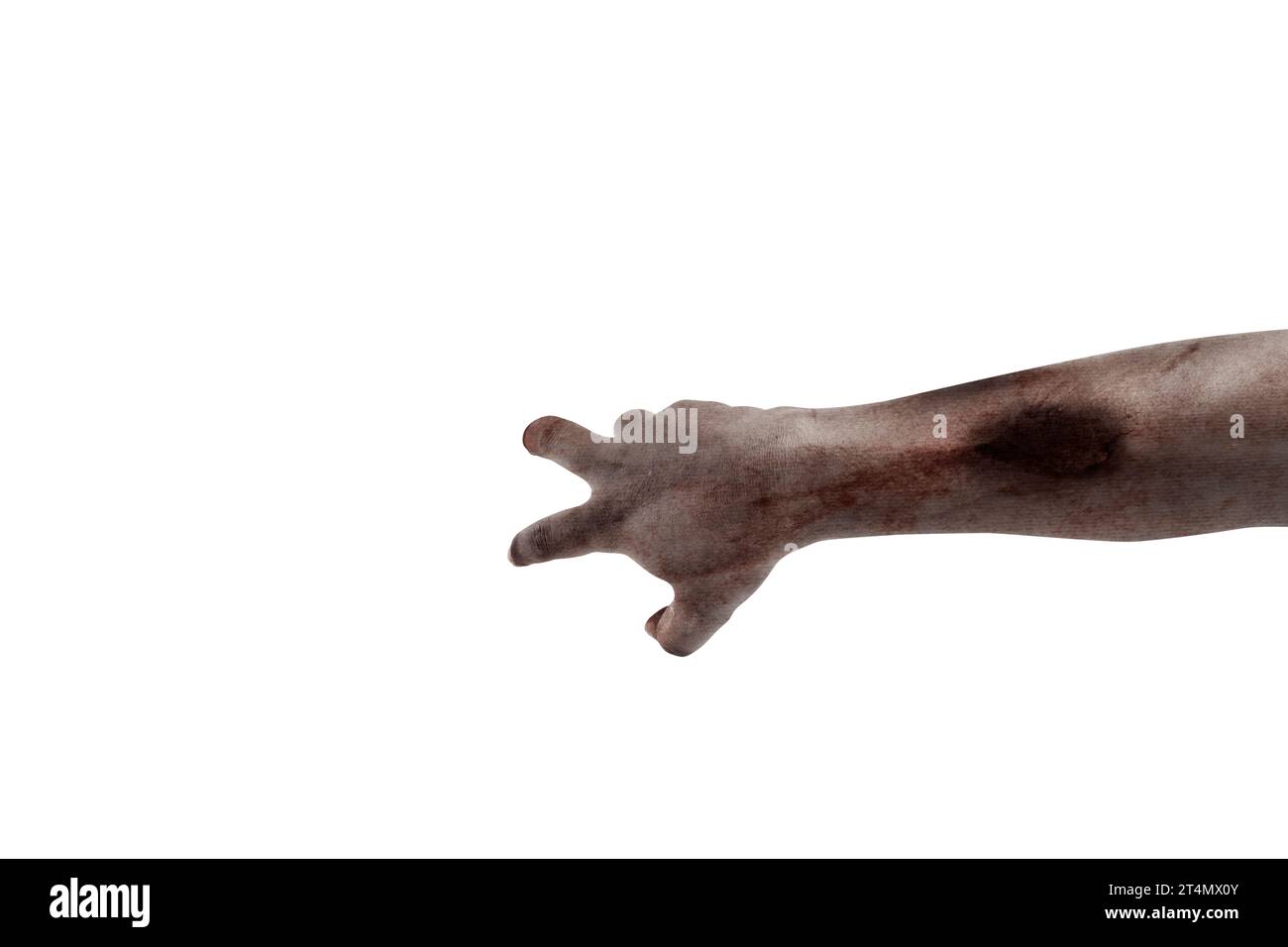 The hand of a scary zombie with blood and wounds isolated over a white ...