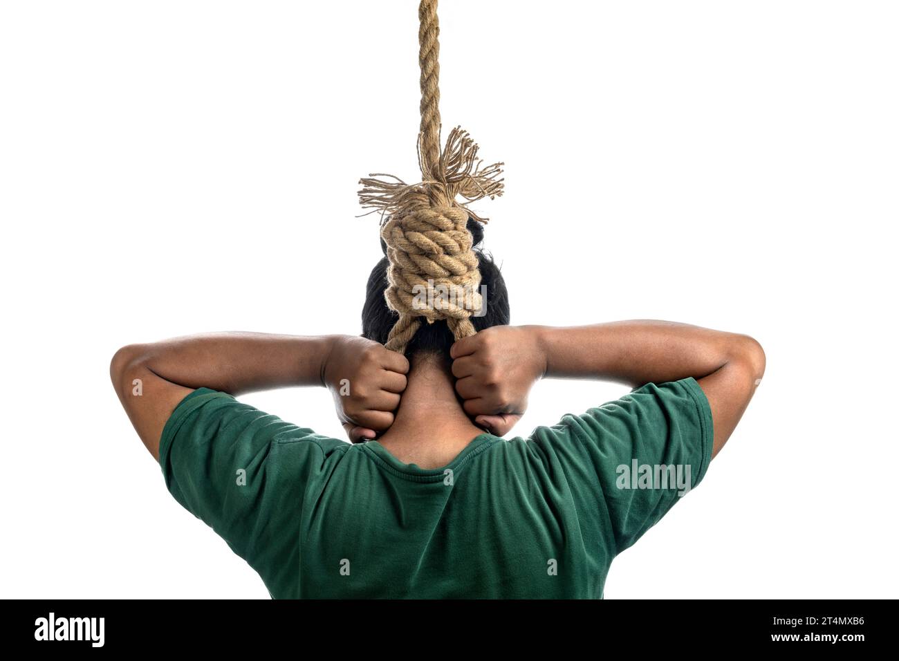 Man hanged in rope with a hangman noose knot isolated over white background Stock Photo