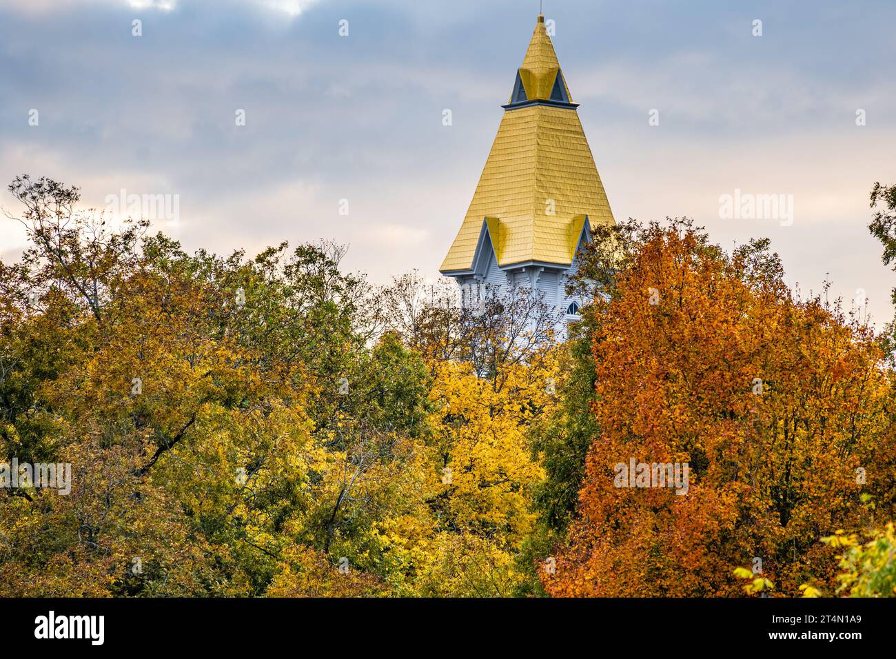Autumn sunset view of The University of North Georgia's Price Memorial Hall with its genuine Dahlonega gold steeple in Dahlonega, Georgia. (USA) Stock Photo