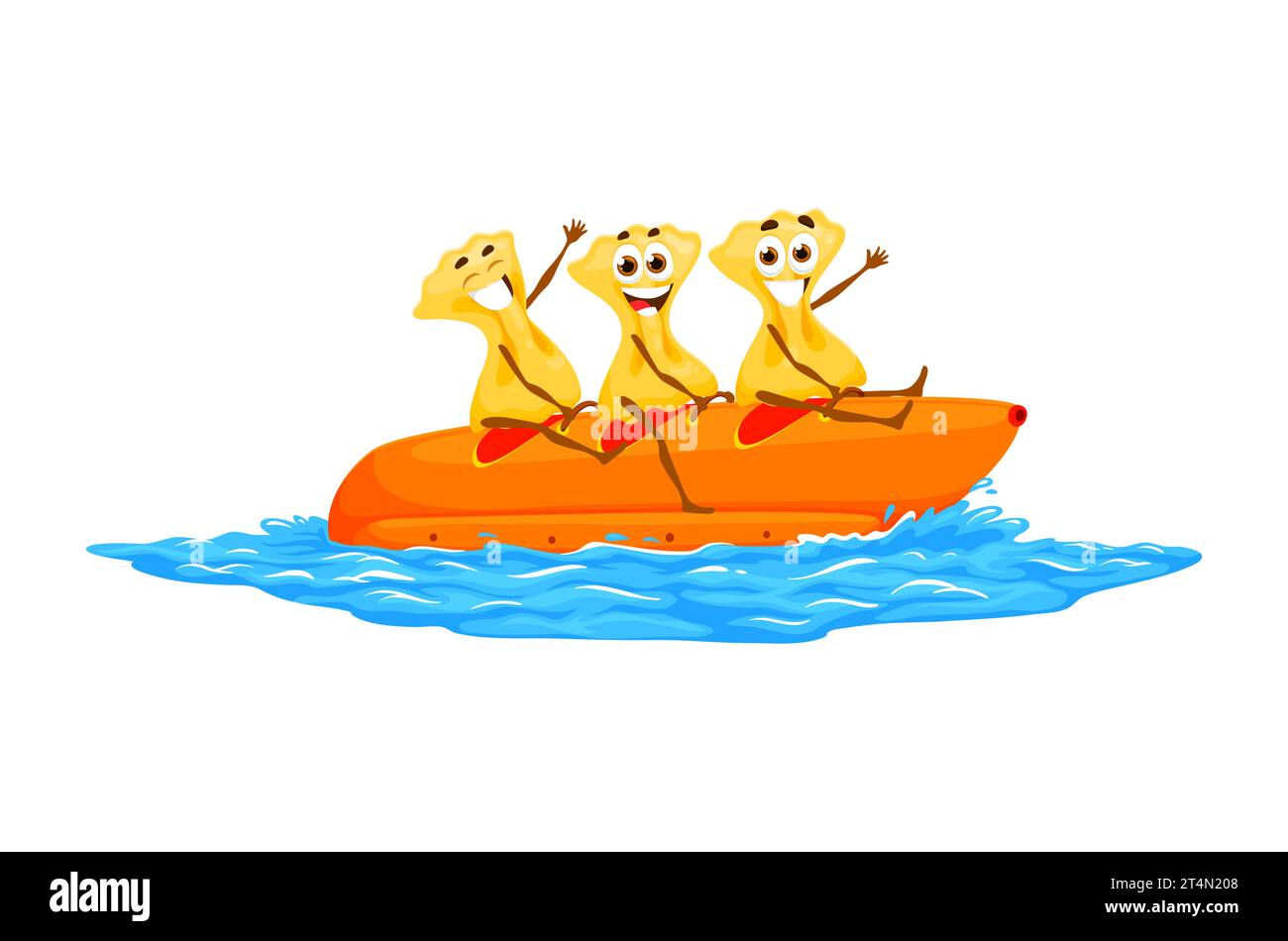 Cartoon farfalle pasta characters riding banana boat. Happy italian ...