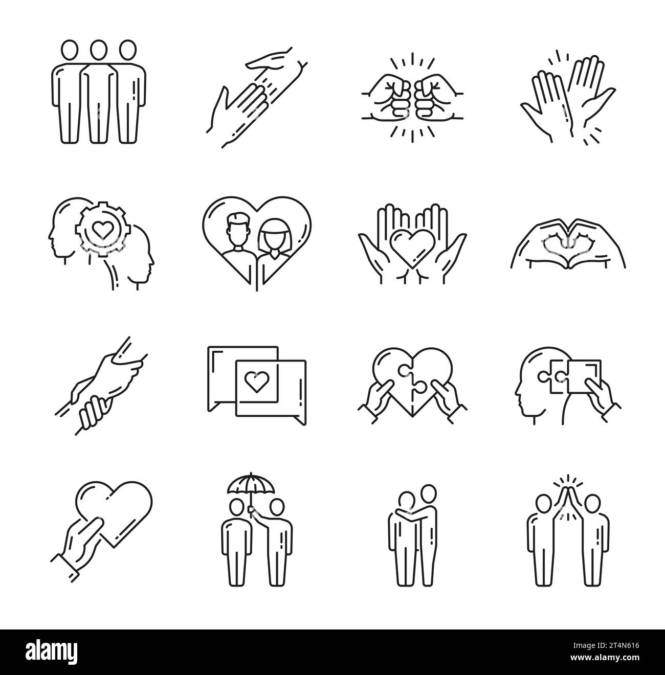 Help, support, friendship, love and community icons with vector line hands, hearts, heads and people figures. Social, friends and family relationship, help, trust and respect isolated symbols Stock Vector