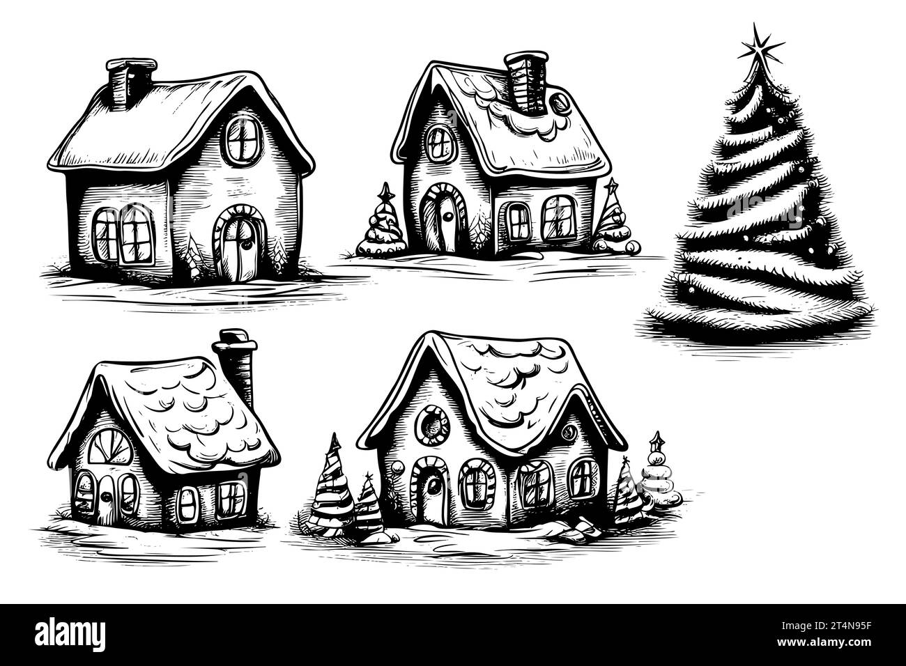 Set hand drawn sketches Cute house and Christmas trees in winter on Christmas Eve and New Year Eve Stock Vector