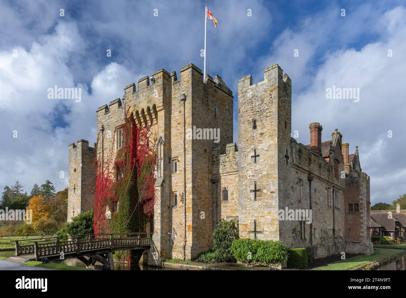 Autumn colours as the Boston Ivy turns red at Hever Castle, Hever, Edenbridge, Kent, UK Stock Photo