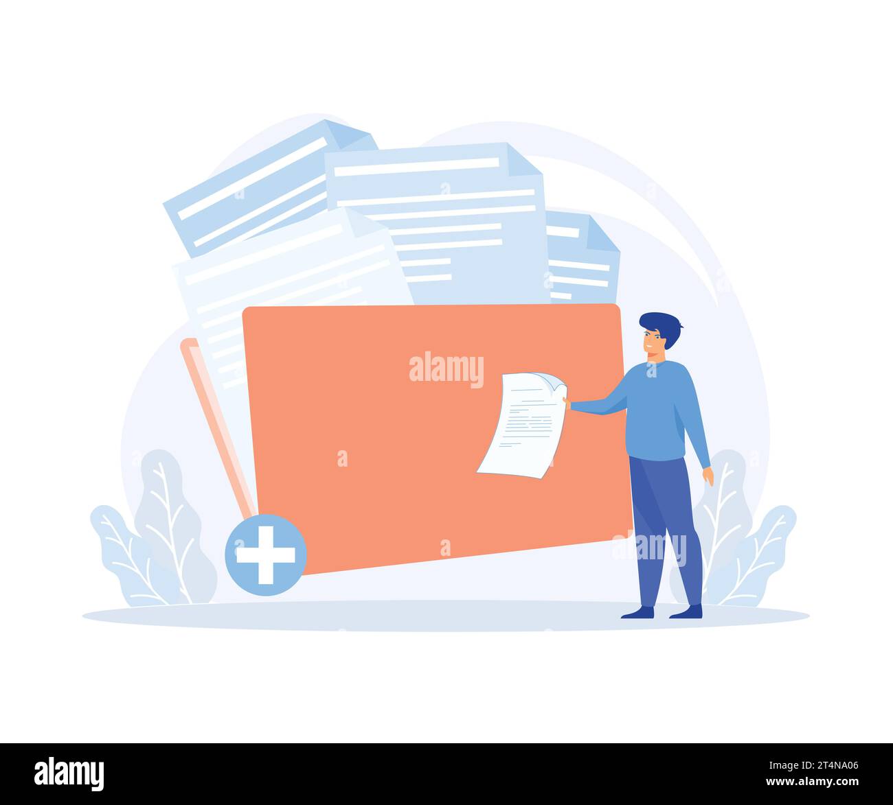 Storage and indexing of information. Businessman adds file to big folder, flat vector modern illustration Stock Vector